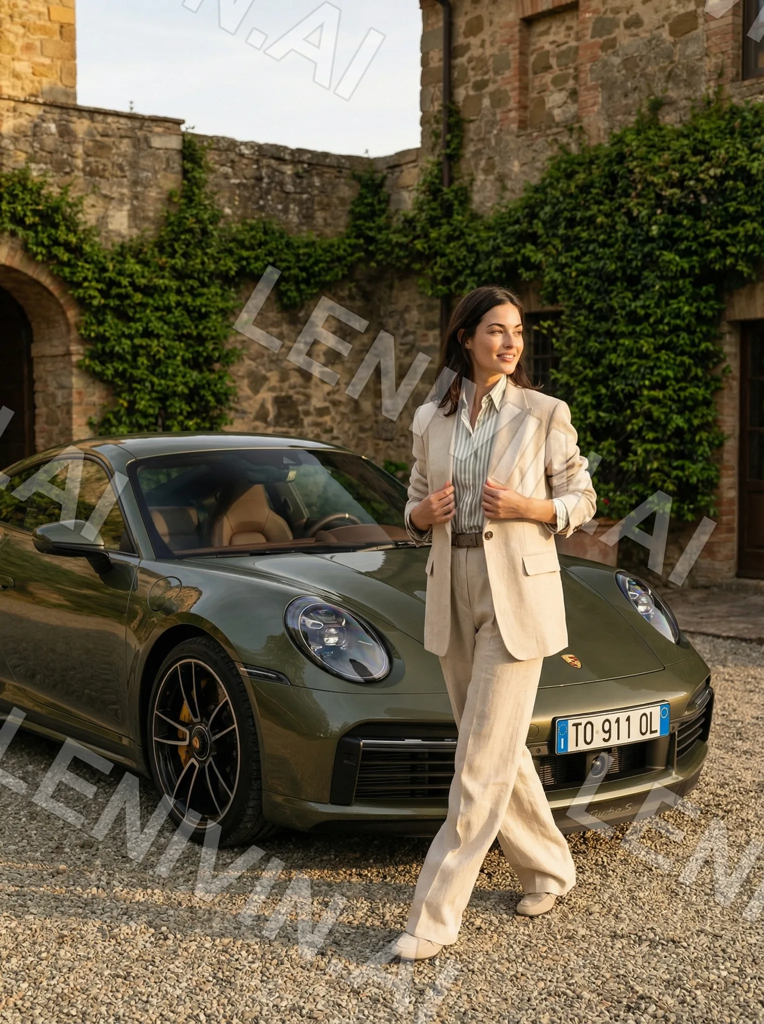 Брюнетка в светлом льняном костюме идёт мимо оливкового Porsche во дворе каменного дома с плющом