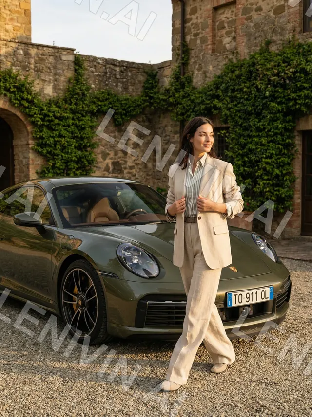 Брюнетка в светлом льняном костюме идёт мимо оливкового Porsche во дворе каменного дома с плющом