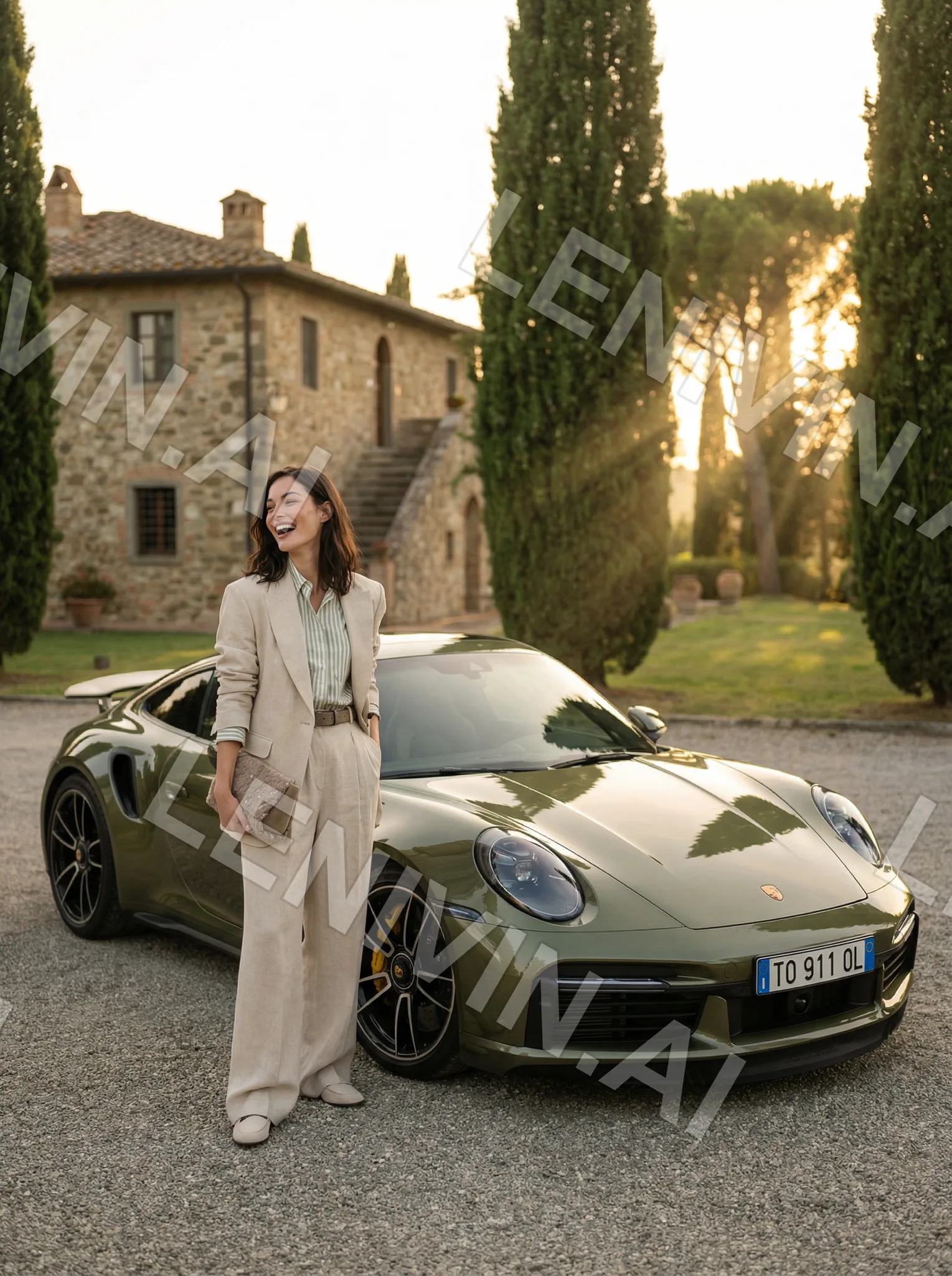 Девушка в бежевом костюме смеётся у капота оливкового Porsche, вилла и кипарисы в закатном свете