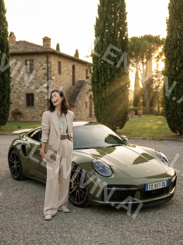 Девушка в бежевом костюме смеётся у капота оливкового Porsche, вилла и кипарисы в закатном свете
