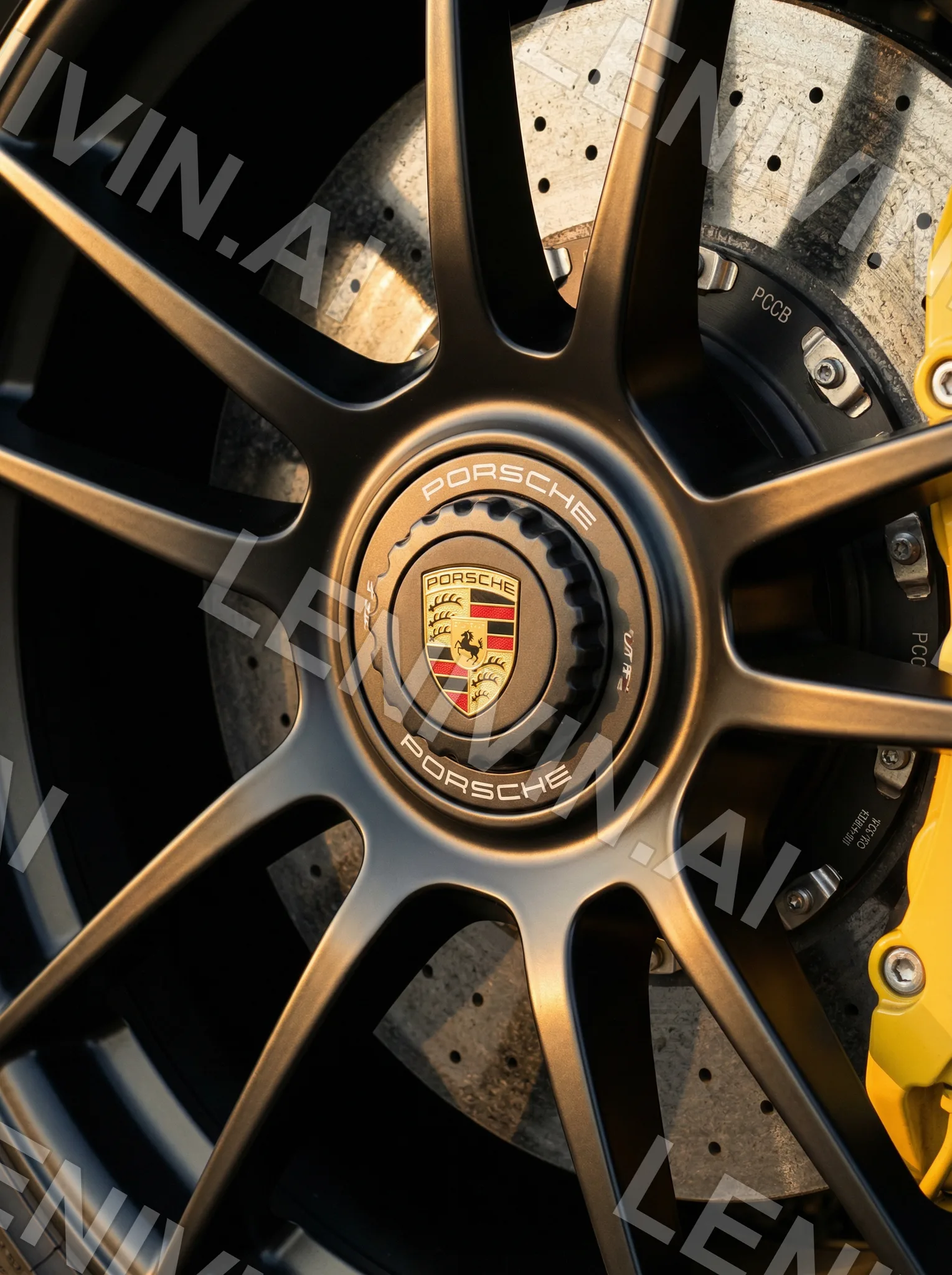 Колёсный диск Porsche с центральной гайкой и жёлтым суппортом, золотистый свет