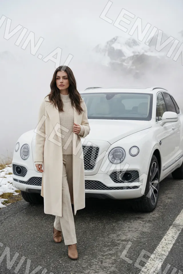 Брюнетка в бежевом пальто и брюках идёт по дороге мимо белого Bentley, туман и горы