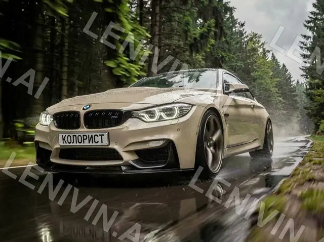 Ролик: бежевая BMW мчится по мокрой лесной дороге, брызги, номер «КОЛОРИСТ»