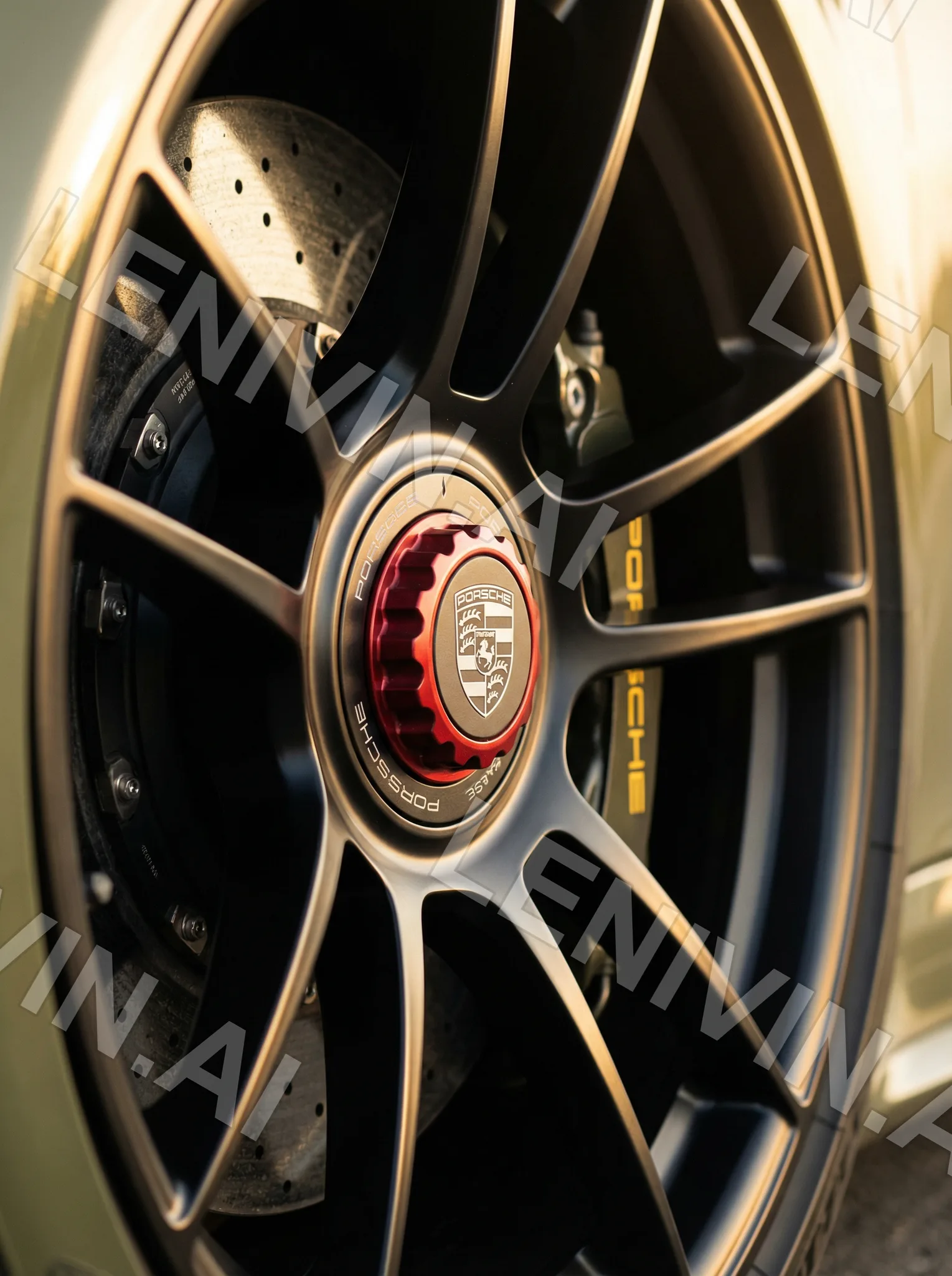 Колесо Porsche с красным центральным замком и гербом, золотистые спицы и жёлтый суппорт