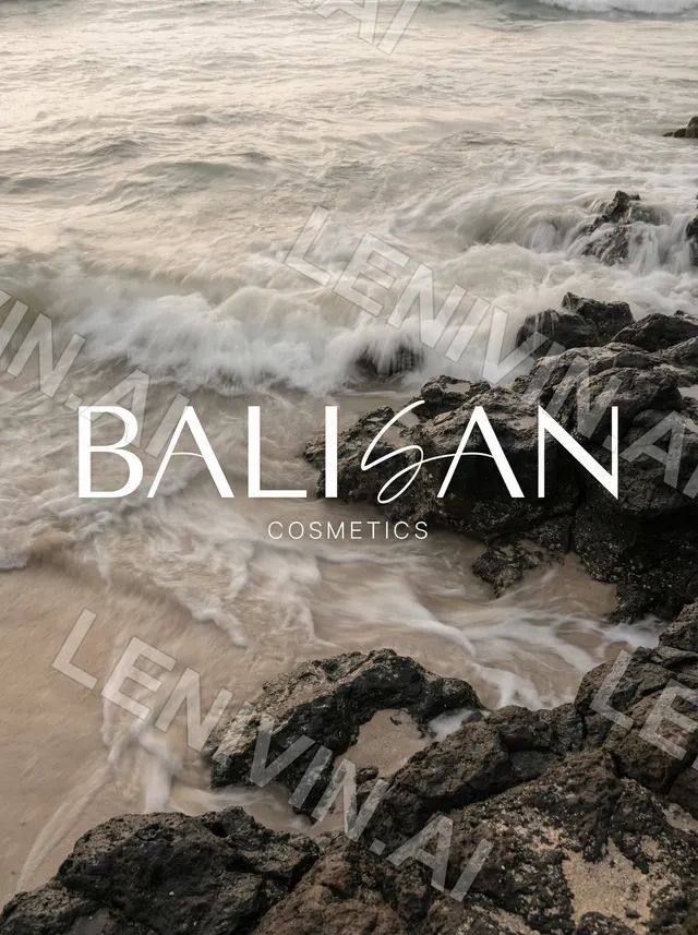 Логотип BALISAN Cosmetics на фоне вспененных волн и тёмных камней