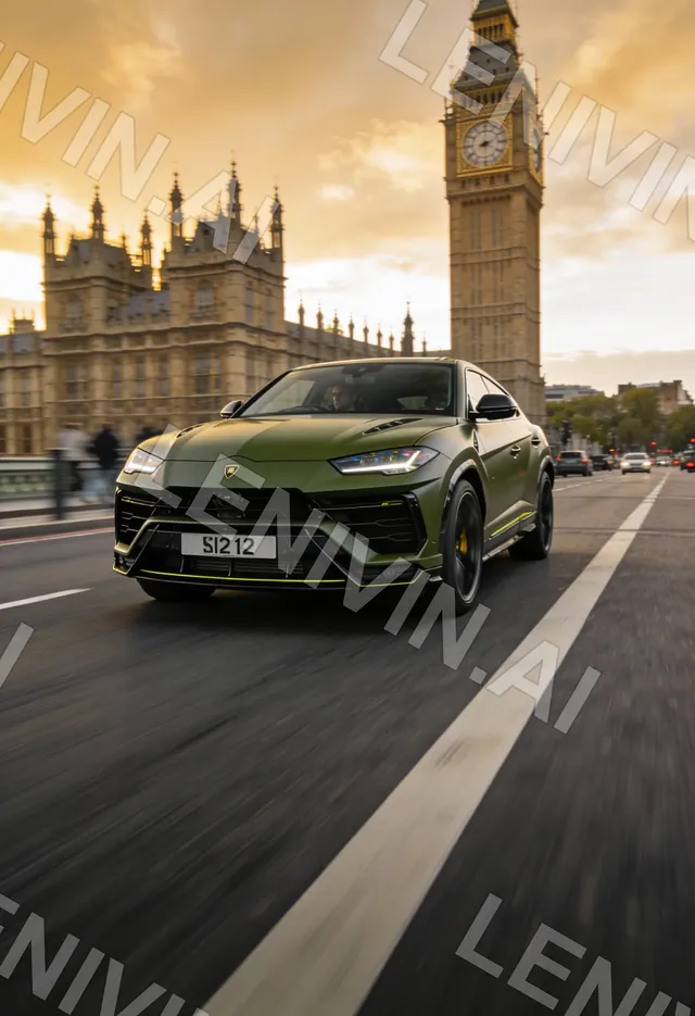 Зелёный Lamborghini Urus мчится по лондонской улице на фоне Биг-Бена в лучах заката