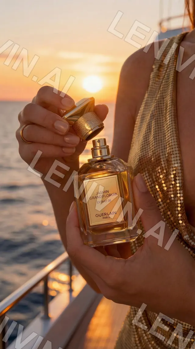 Женская рука с золотым кольцом открывает флакон парфюма Guerlain на борту яхты, золотистое платье, закат над морем