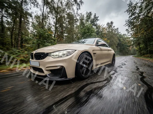 Бежевый BMW мчится по мокрой дороге в осеннем лесу, размытие движения