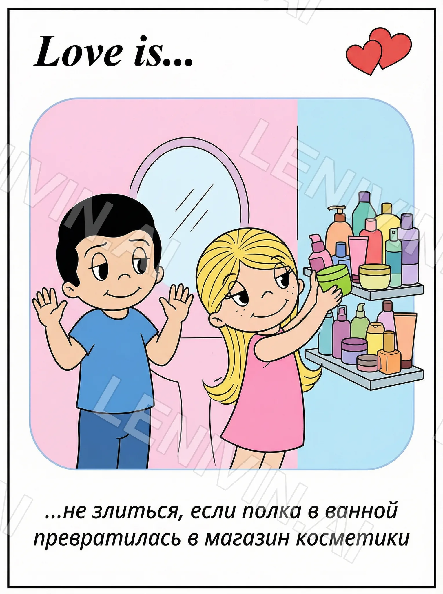 Открытка Love is: мальчик и девочка тянет с полки баночку, ванная с косметикой