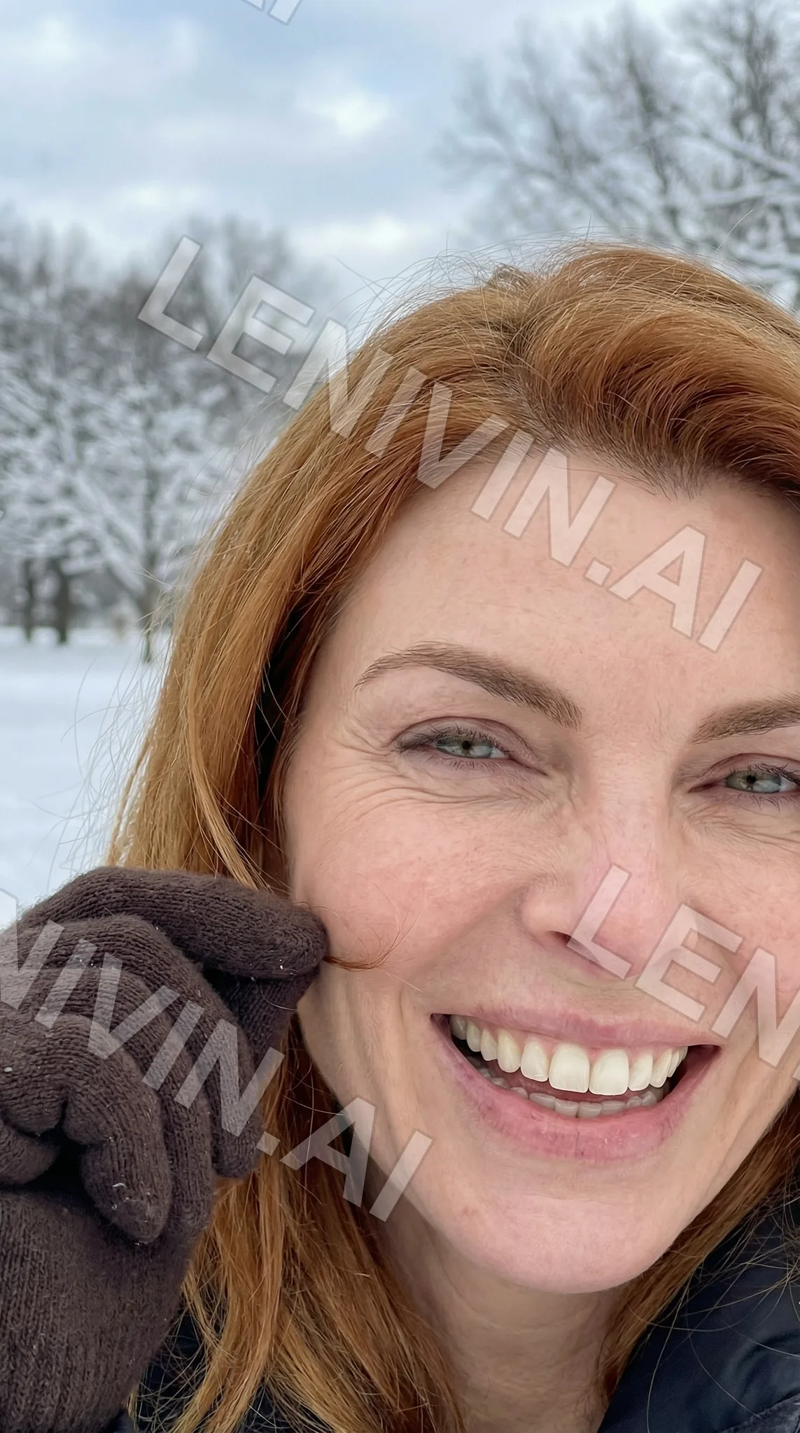 Улыбающаяся рыжеволосая женщина в перчатке на заснеженном лесу, селфи