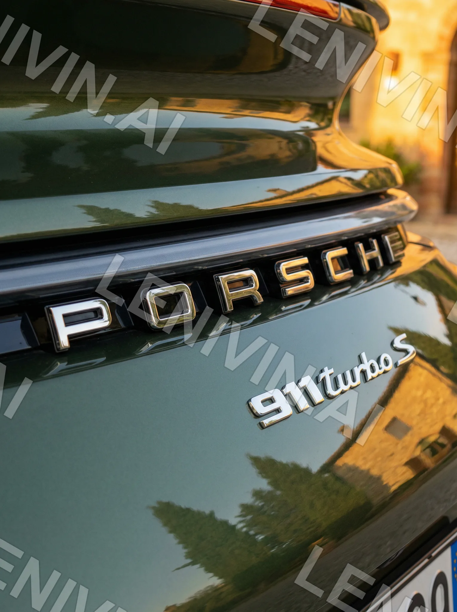 Надпись PORSCHE и 911 turbo S на корме автомобиля, закатный свет