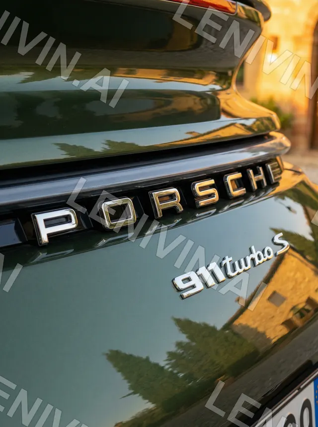 Надпись PORSCHE и 911 turbo S на корме автомобиля, закатный свет