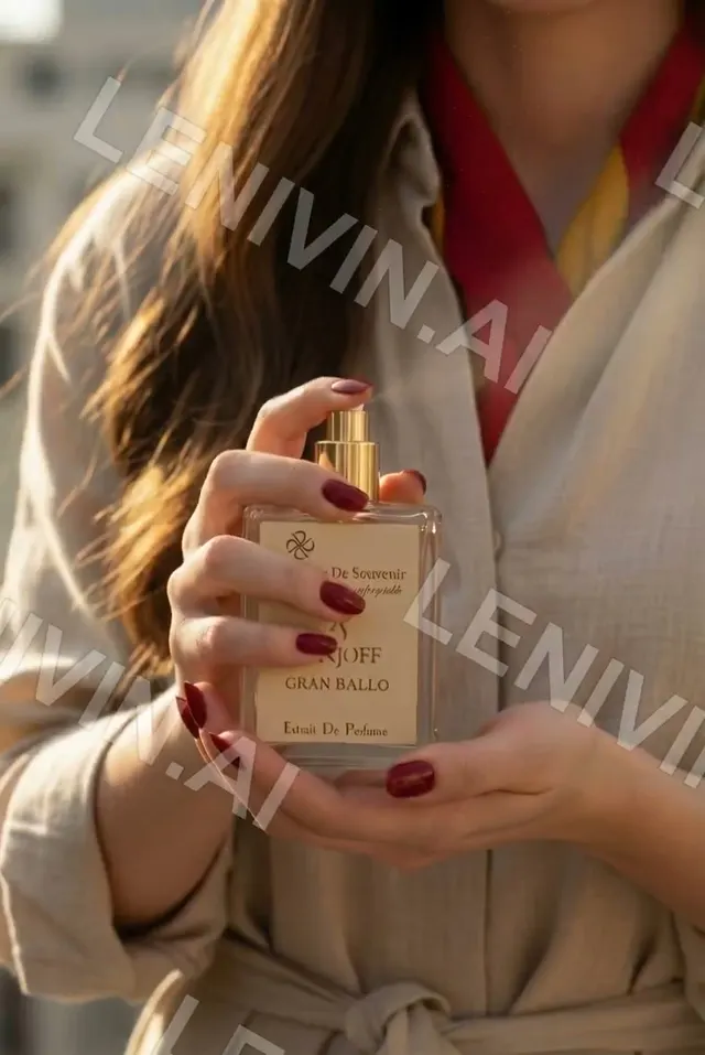 Ролик: женщина в бежевом халате держит флакон Parfums de Souvenir с золотым распылителем