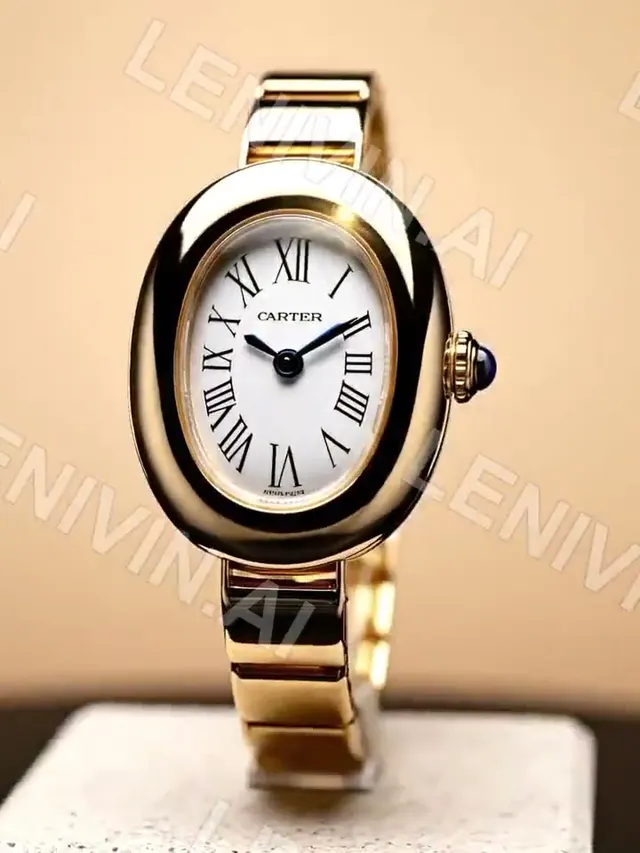 Ролик: часы Cartier на золотом браслете на светлой подставке, персиковый фон
