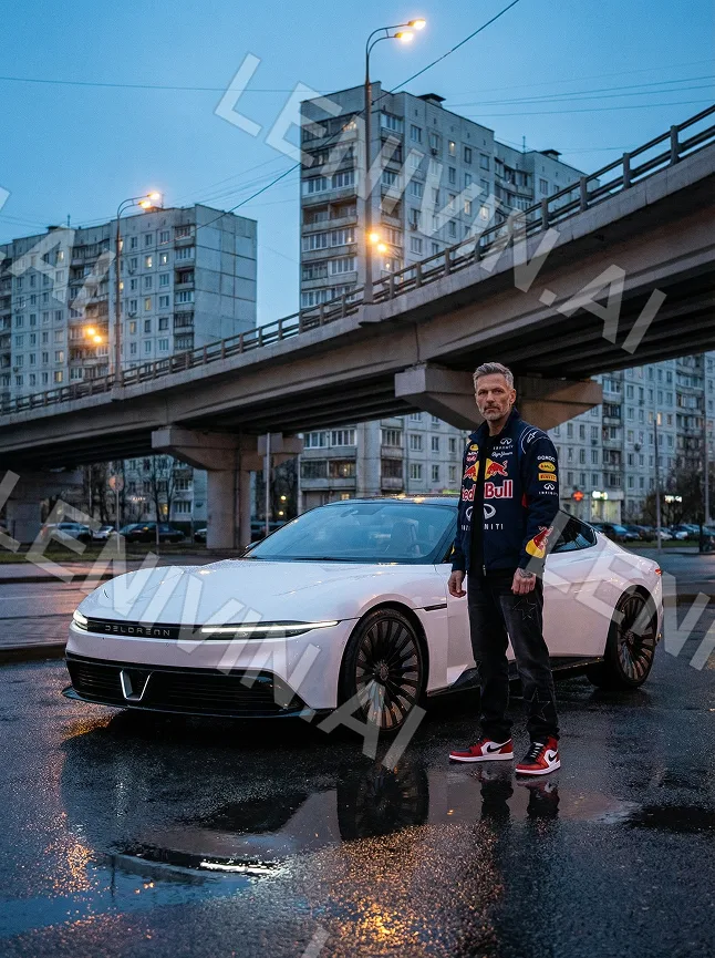 Мужчина в куртке Red Bull у белого купе под эстакадой, вечер, панельные дома