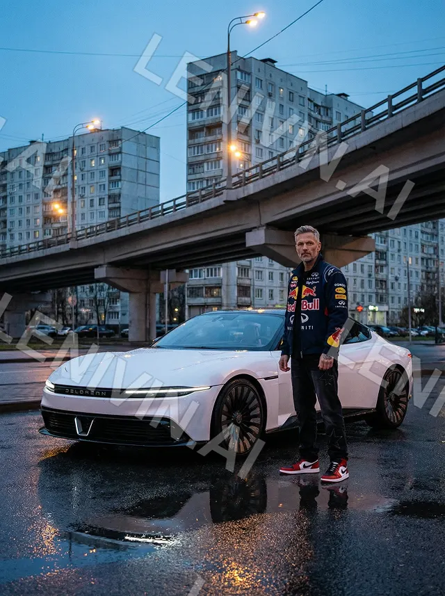 Мужчина в куртке Red Bull у белого купе под эстакадой, вечер, панельные дома