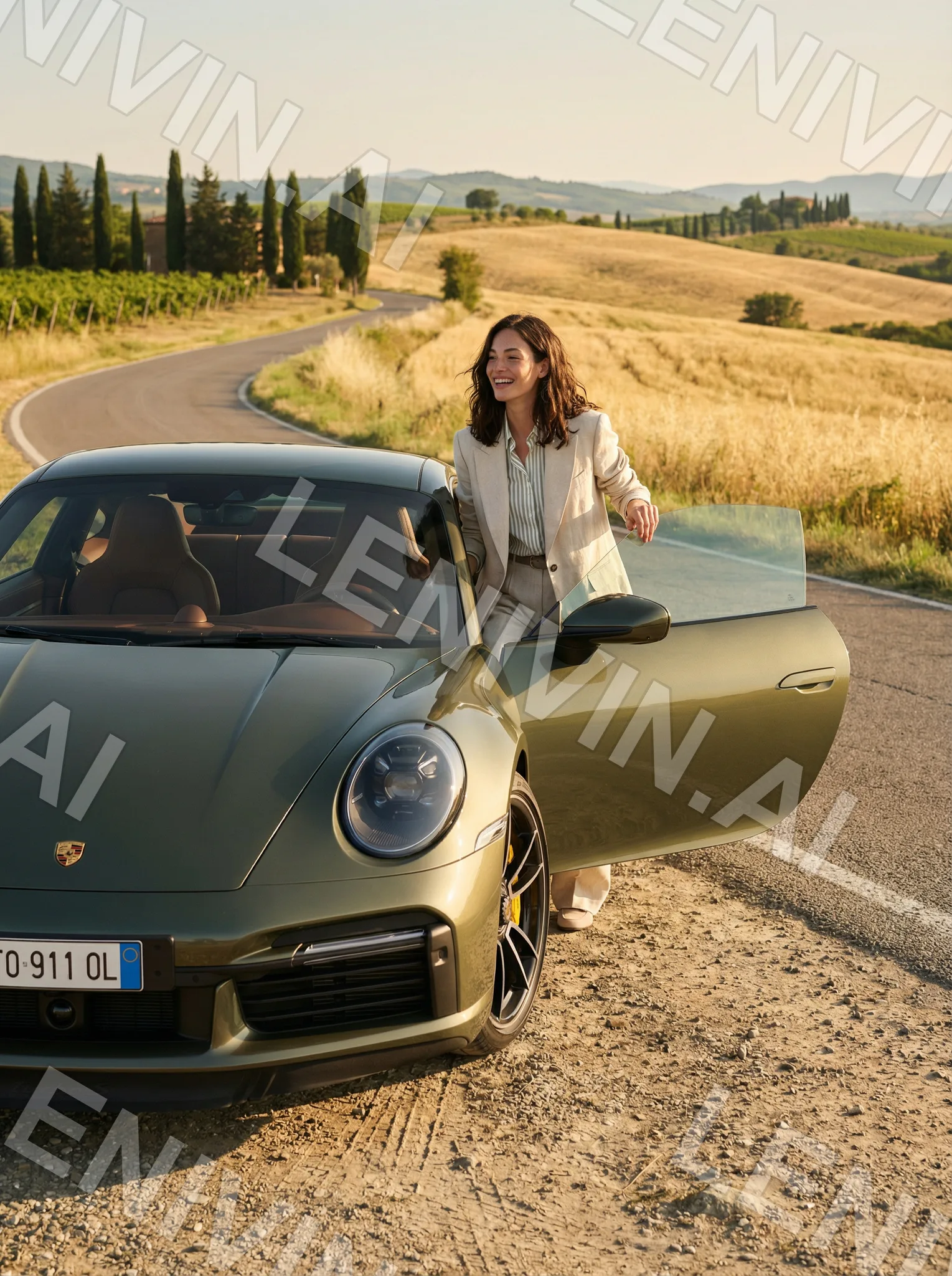 Женщина выходит из открытой двери оливкового Porsche на извилистой дороге среди холмов