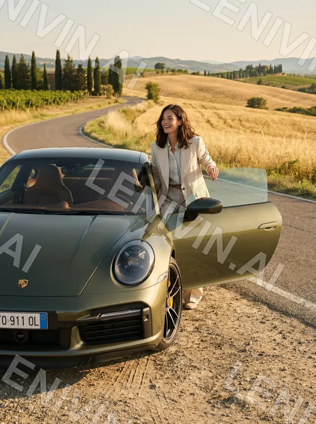 Женщина выходит из открытой двери оливкового Porsche на извилистой дороге среди холмов
