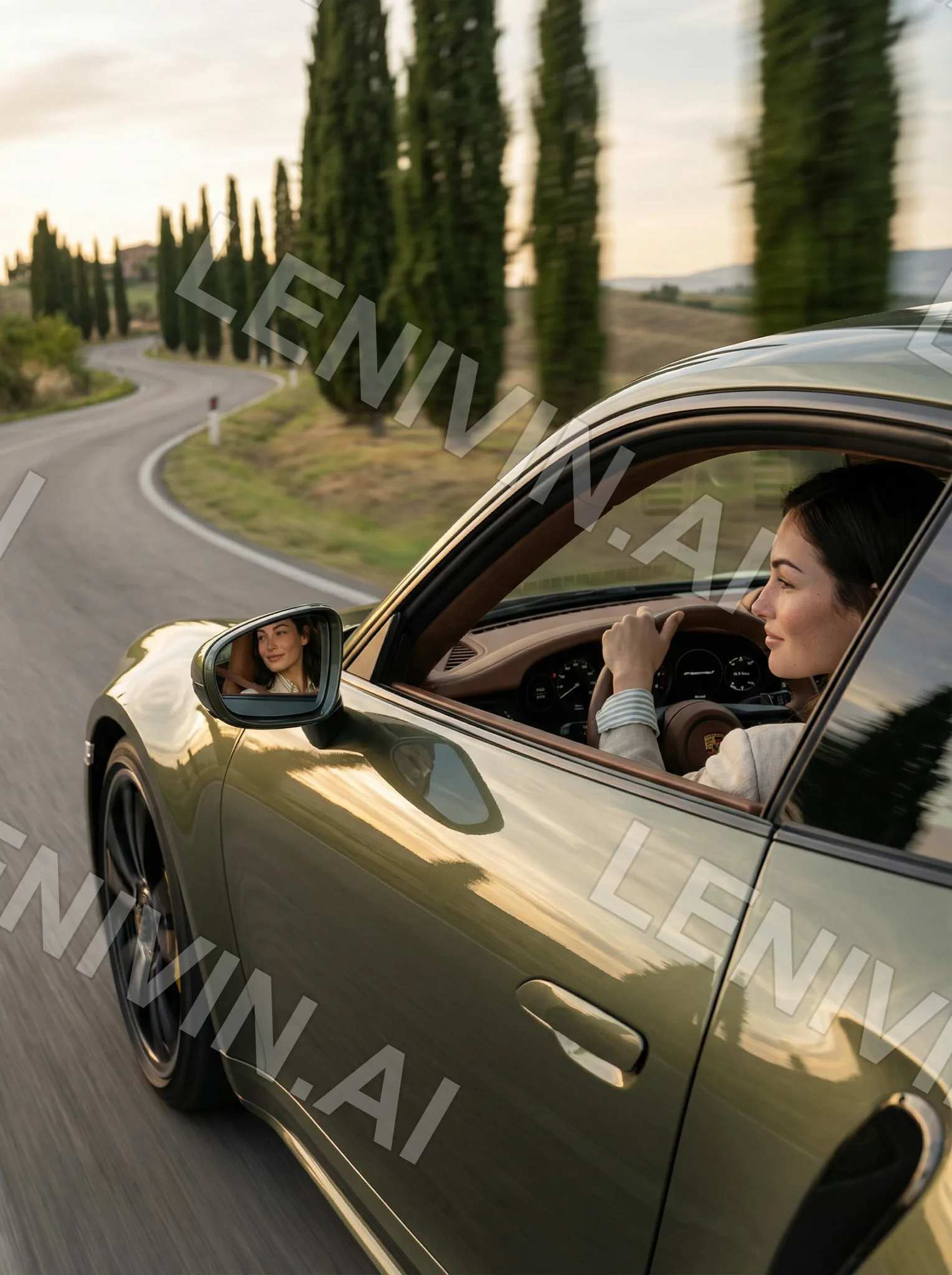 Девушка за рулём оливкового Porsche на извилистой дороге с кипарисами, вид сбоку