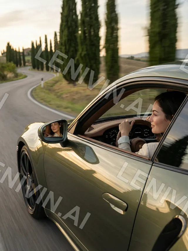 Девушка за рулём оливкового Porsche на извилистой дороге с кипарисами, вид сбоку