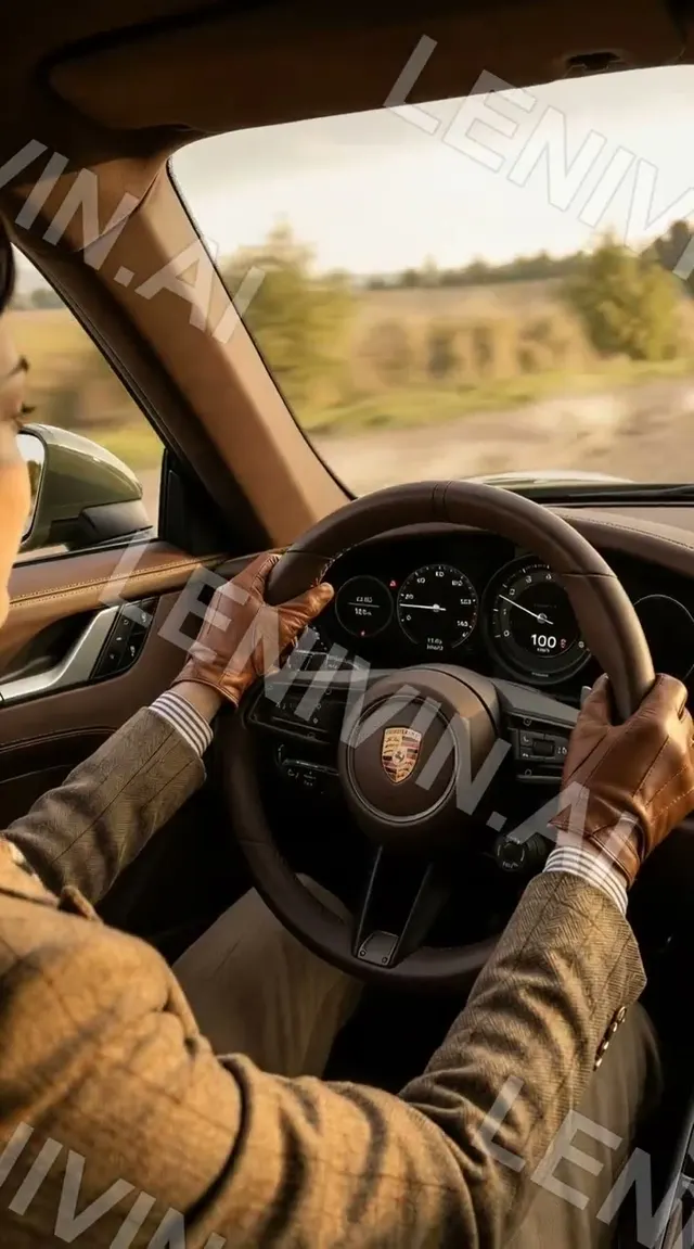 Ролик: руки в коричневых перчатках на руле Porsche, салон с коричневой кожей, размытый пейзаж