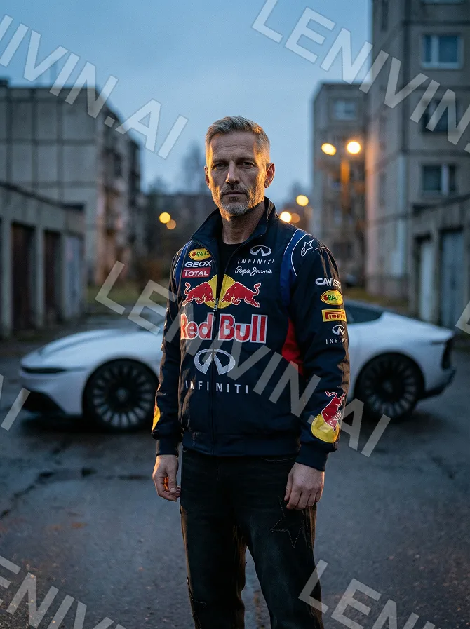 Мужчина в куртке Red Bull у белого авто во дворе панельных домов, сумерки