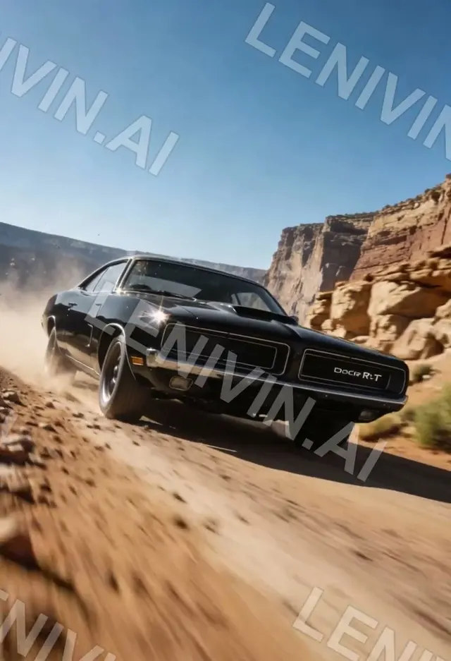 Ролик: чёрный Dodge Charger R/T мчится по песчаной дороге в каньоне