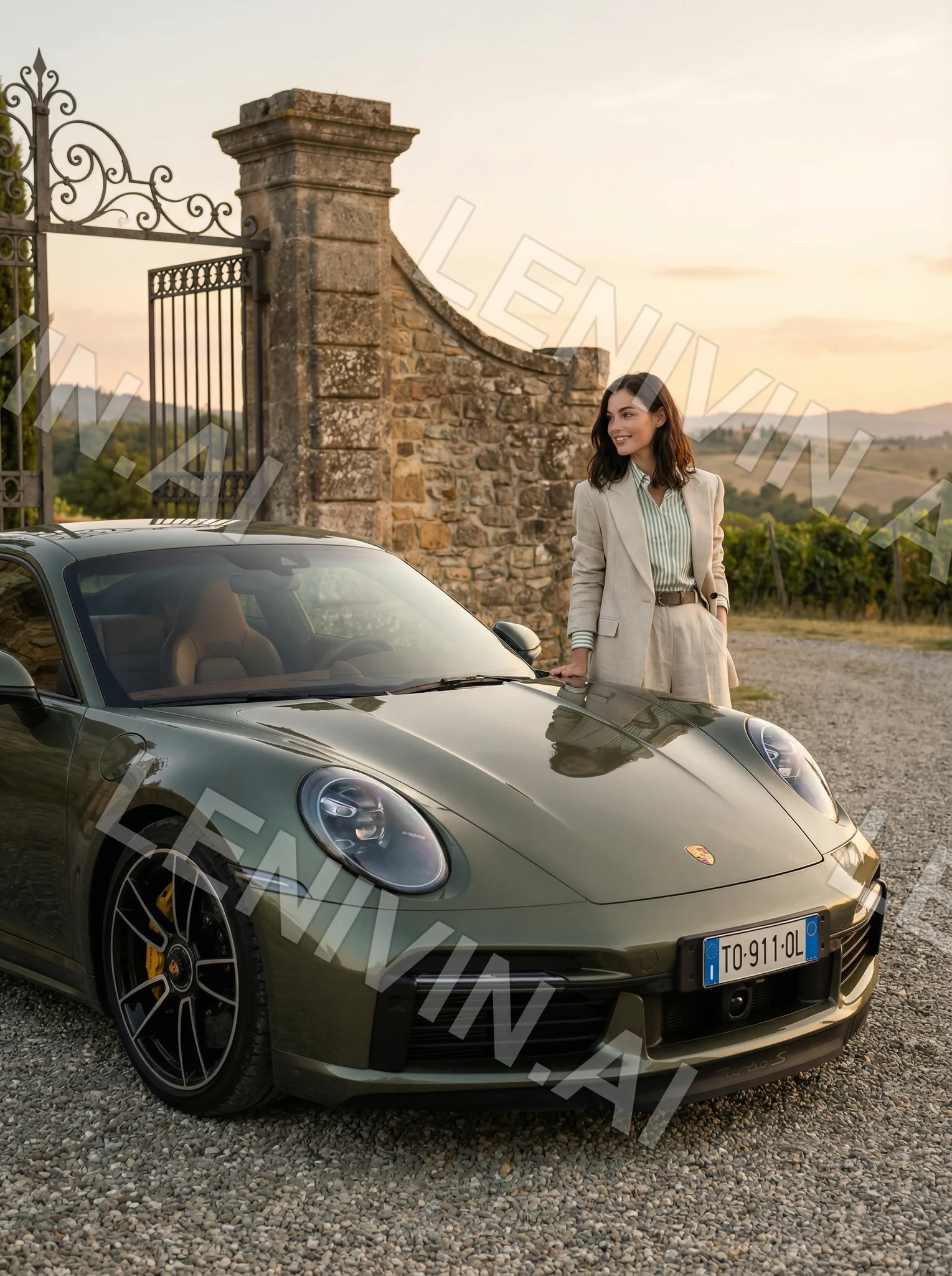 Женщина в бежевом костюме стоит у ворот и капота оливкового Porsche на закате