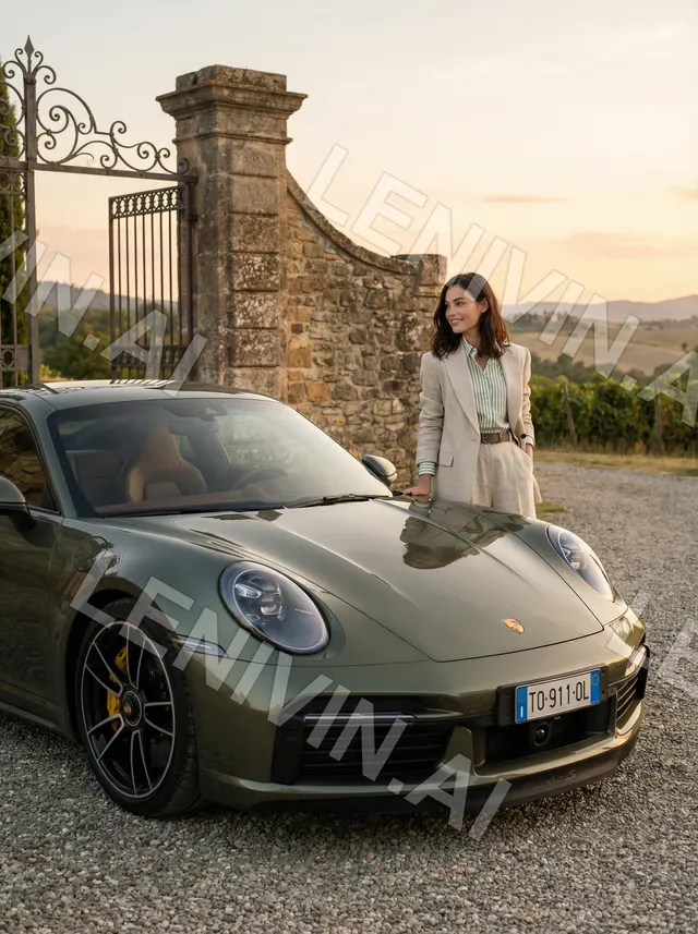 Женщина в бежевом костюме стоит у ворот и капота оливкового Porsche на закате