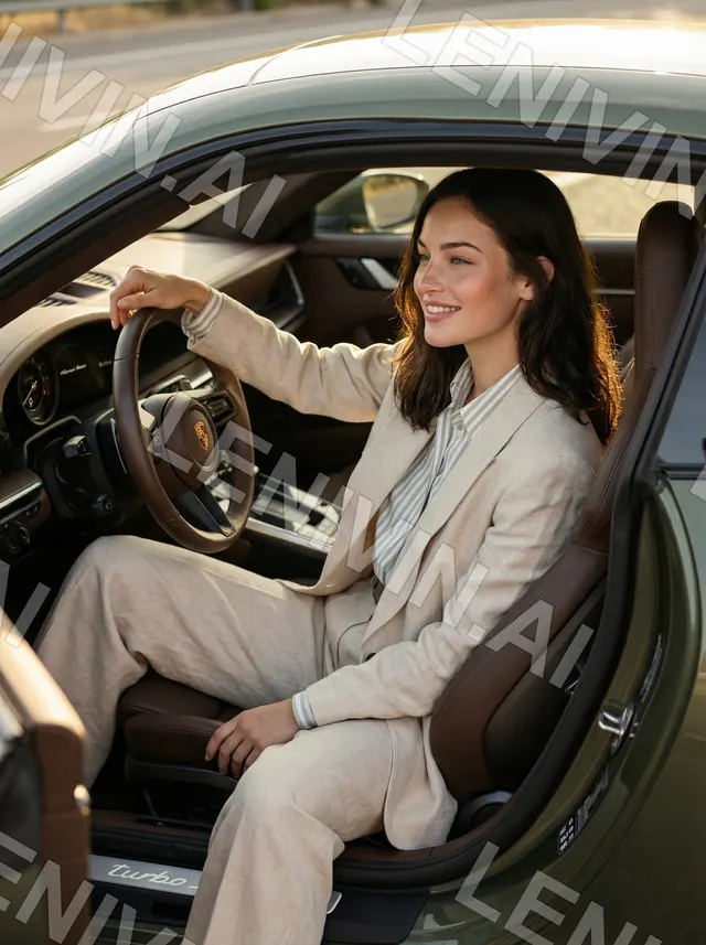 Улыбающаяся девушка в бежевом костюме сидит за рулём Porsche у открытой двери