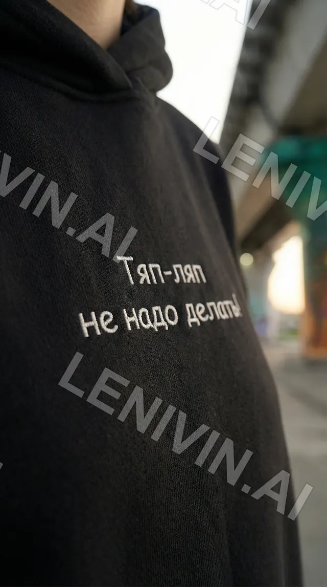 Чёрная худи крупно с вышитой надписью «Тяп-ляп не надо делать», размытый городской фон