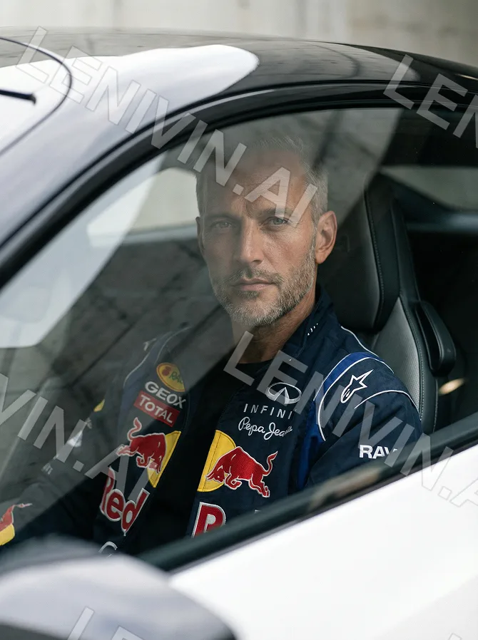 Мужчина в комбинезоне Red Bull за рулём белого авто, крупно через стекло