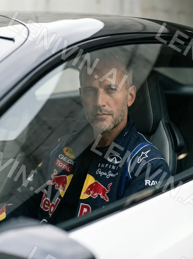 Мужчина в комбинезоне Red Bull за рулём белого авто, крупно через стекло