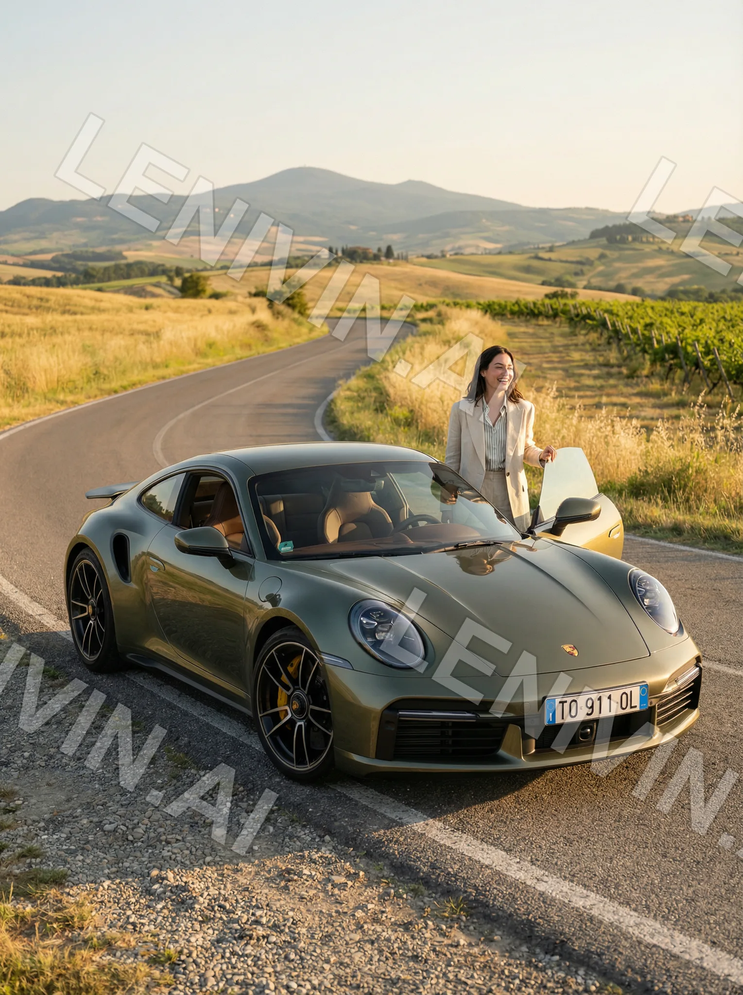 Оливковый Porsche на извилистой дороге среди холмов, вдалеке женщина стоит у открытой двери