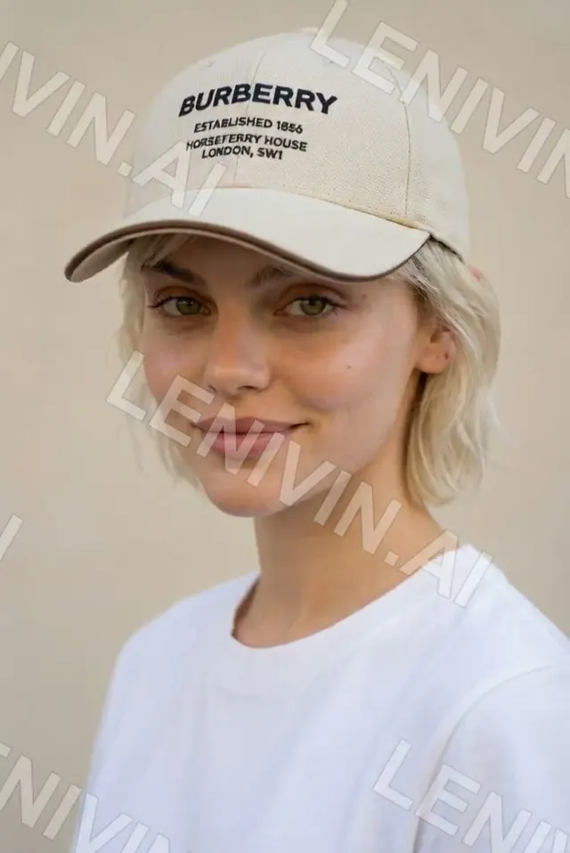 Ролик: блондинка с короткой стрижкой в бежевой кепке Burberry и белой футболке, лёгкая улыбка