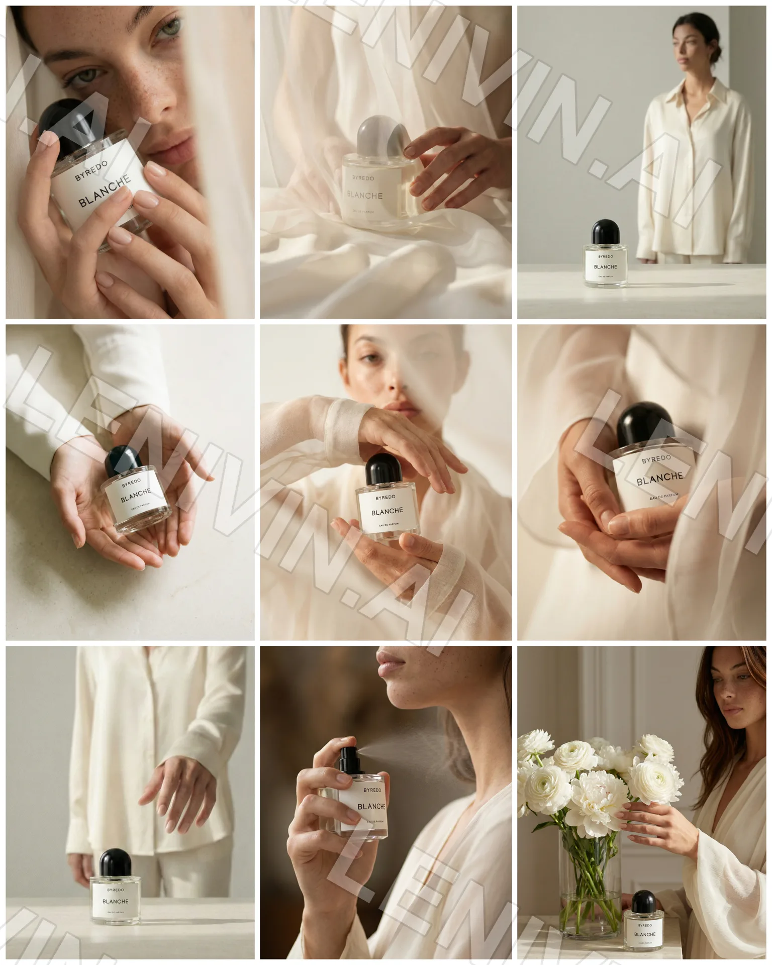 Коллаж 3×3: девушка в белой одежде с флаконами Byredo Blanche, руки, ткань, цветы