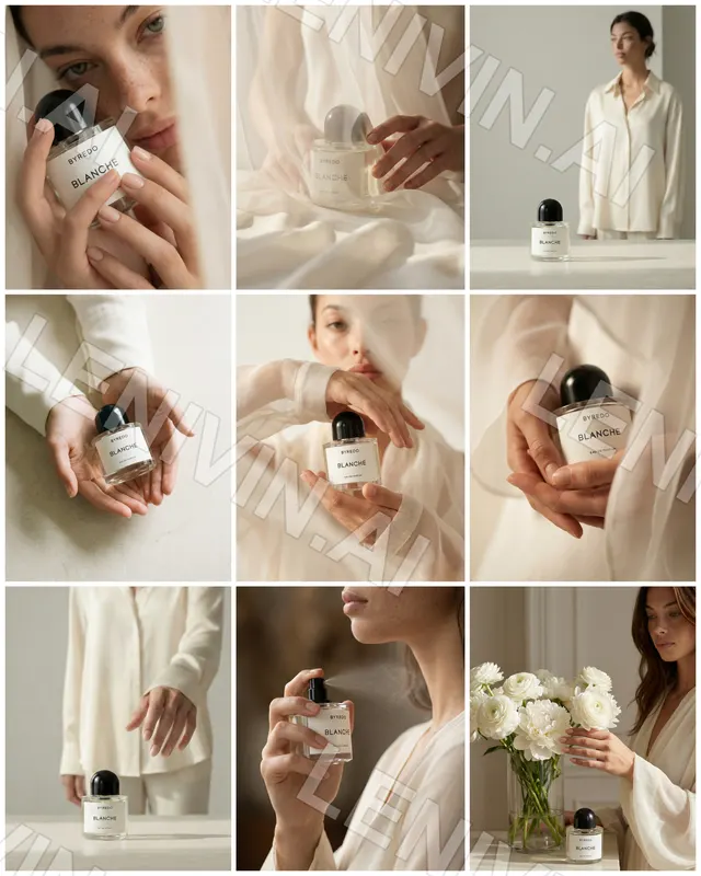 Коллаж 3×3: девушка в белой одежде с флаконами Byredo Blanche, руки, ткань, цветы