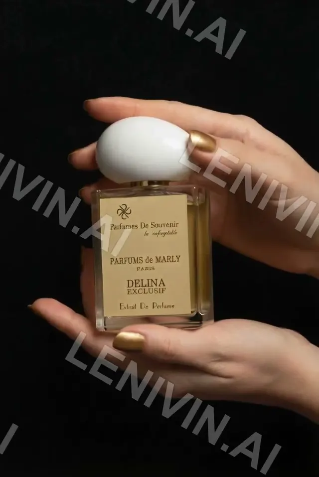 Ролик: руки с золотым маникюром держат флакон Parfums de Marly Delina на чёрном фоне, вид сбоку