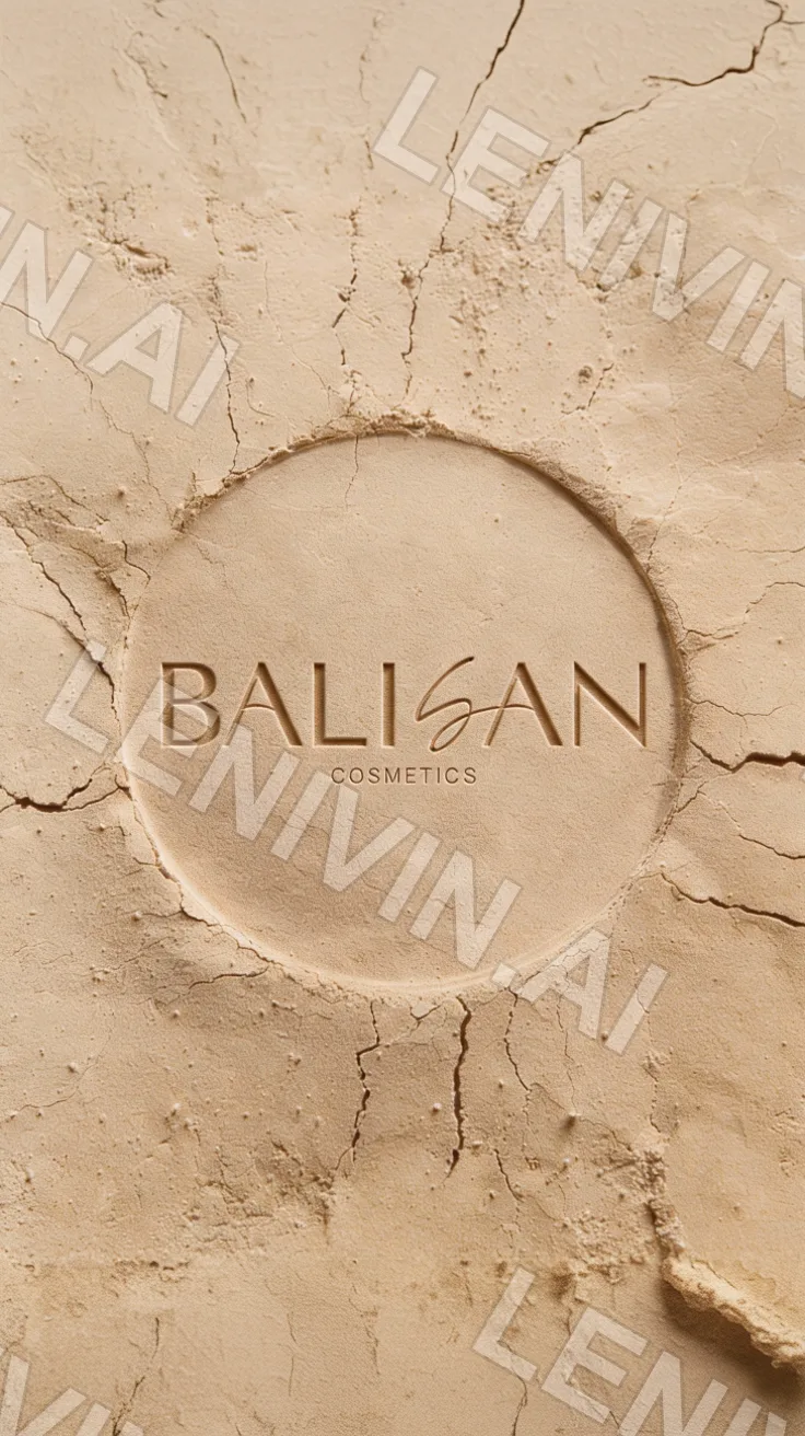 Оттиск логотипа BALISAN Cosmetics в круге на сухой растрескавшейся глине, вид сверху