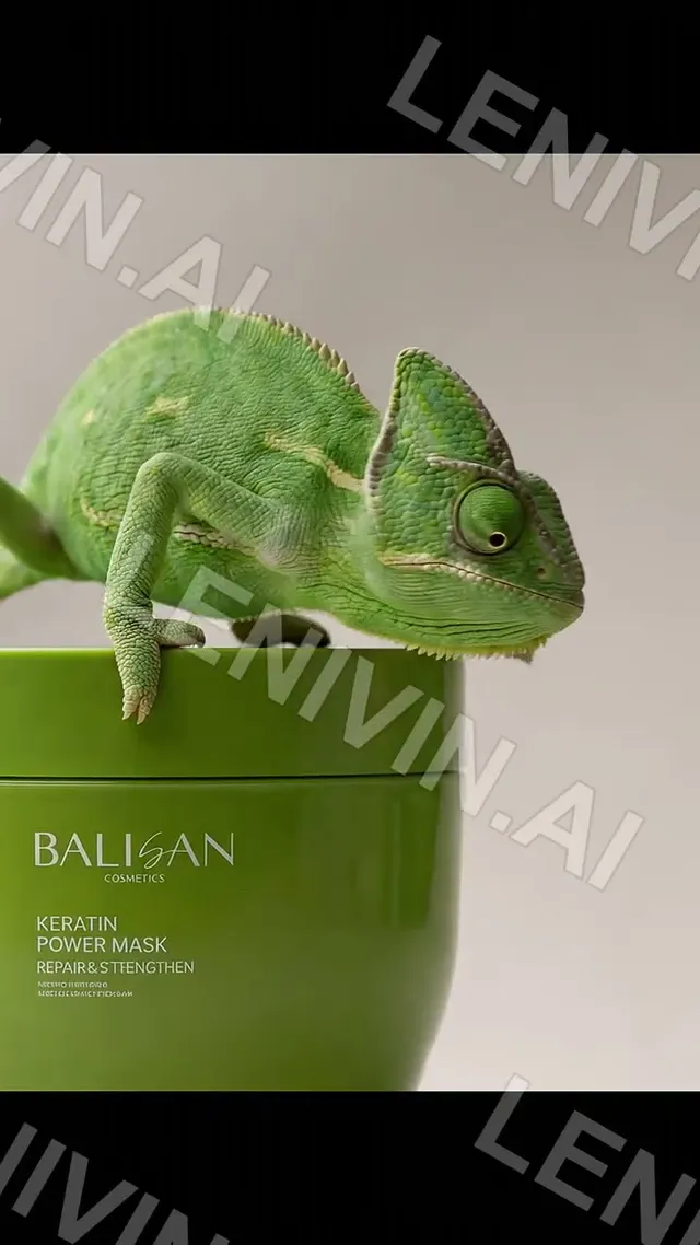 Ролик: зелёный хамелеон сидит на баночке Balisan Keratin Power Mask на бежевом фоне