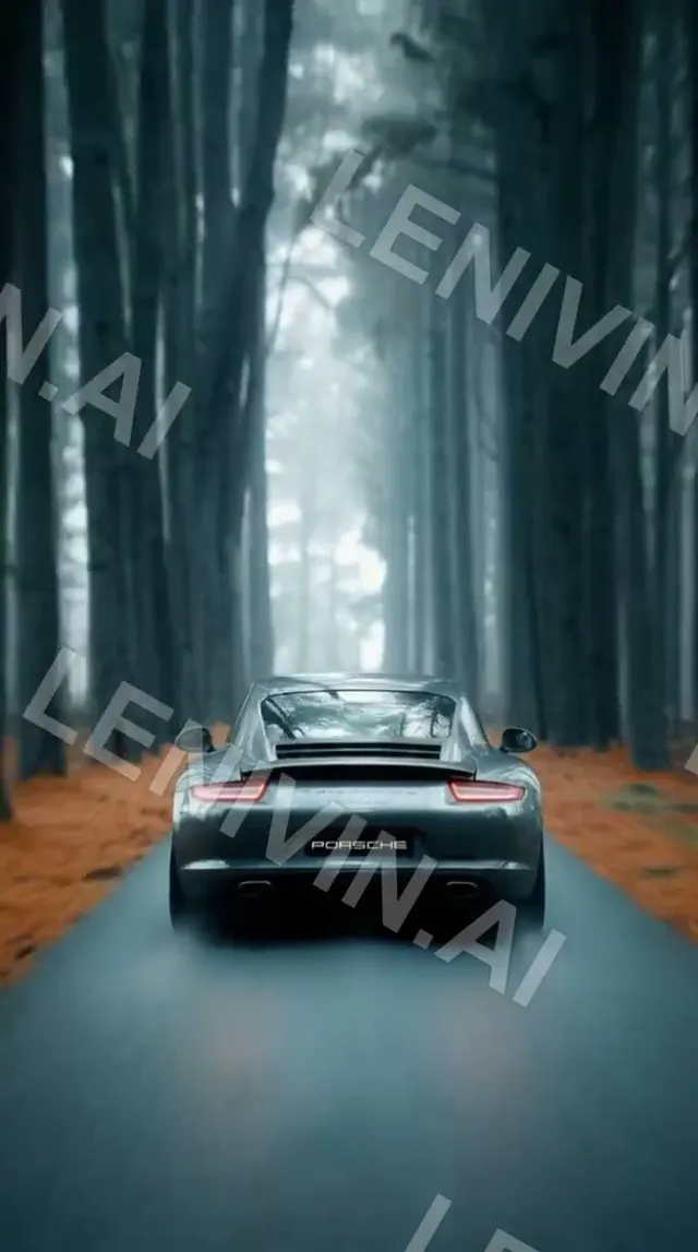 Ролик: серый Porsche 911 едет сзади по узкой дороге через туманный сосновый лес, осенняя листва по обочинам