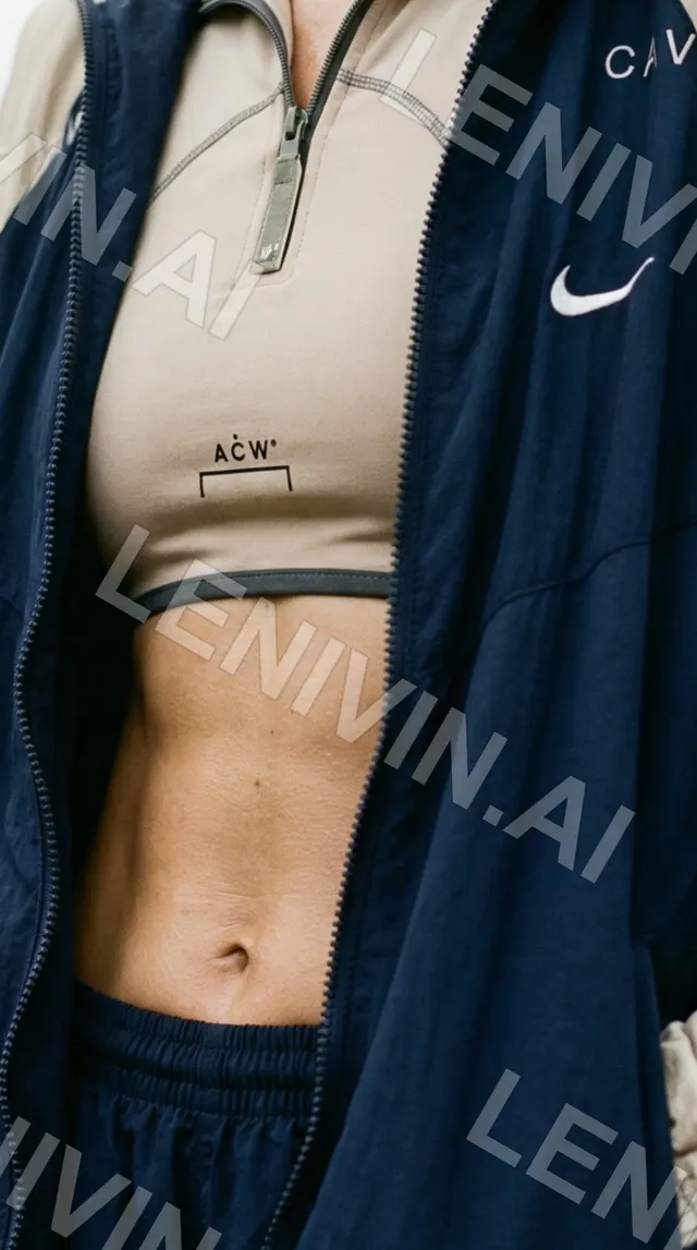 Крупный план спортивного топа ACW и синей ветровки с логотипом Nike на открытом животе