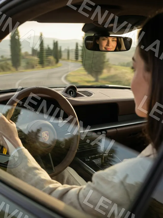 Женщина за рулём Porsche на тосканской дороге, видна в зеркале заднего вида