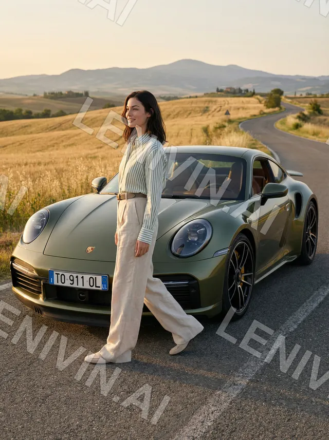 Женщина в светлой рубашке и широких брюках у оливкового Porsche на дороге среди золотых полей