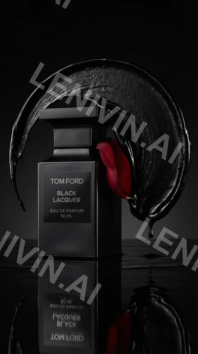 Флакон Tom Ford Black Lacquer, за ним чёрная густая волна и красный лепесток, отражение на глянце