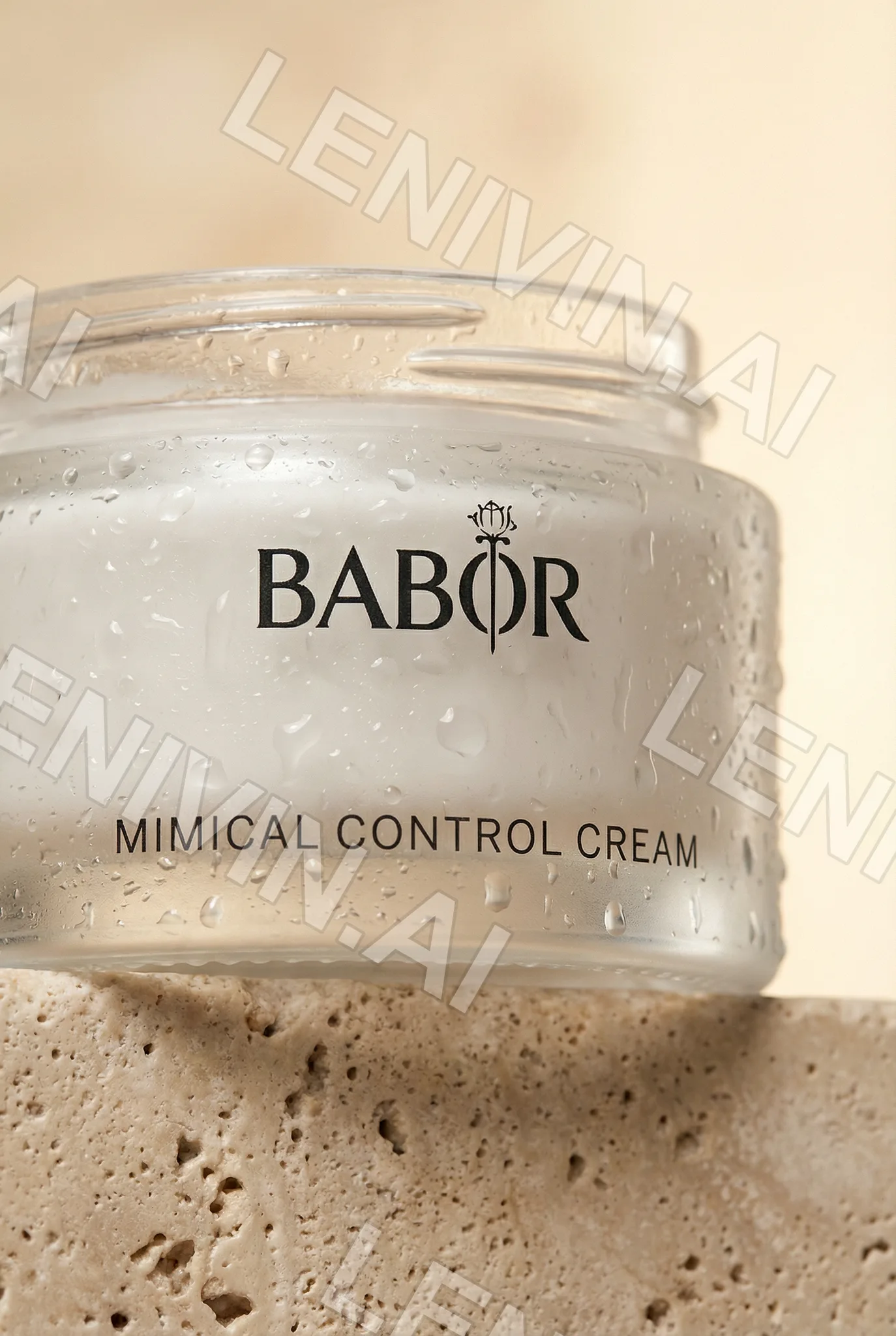 Баночка крема BABOR Mimical Control Cream на каменной поверхности, капли воды, бежевый фон