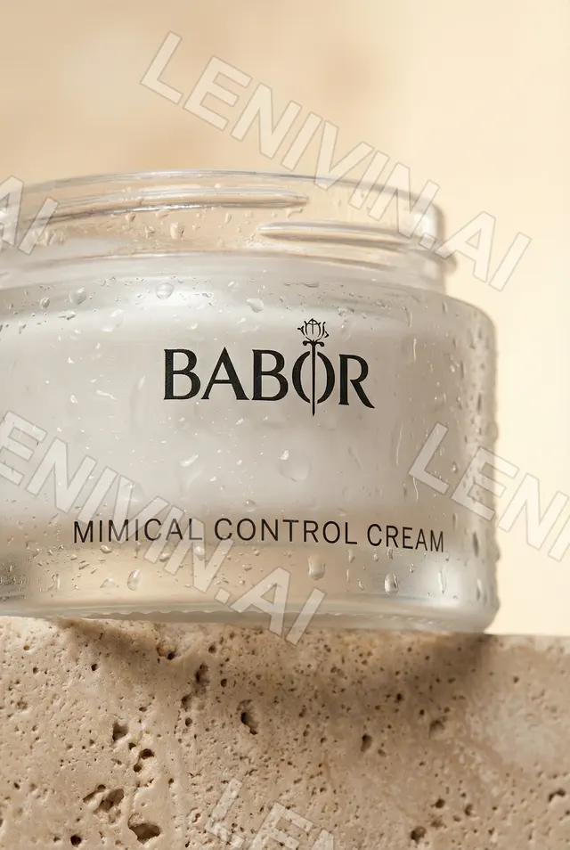 Баночка крема BABOR Mimical Control Cream на каменной поверхности, капли воды, бежевый фон