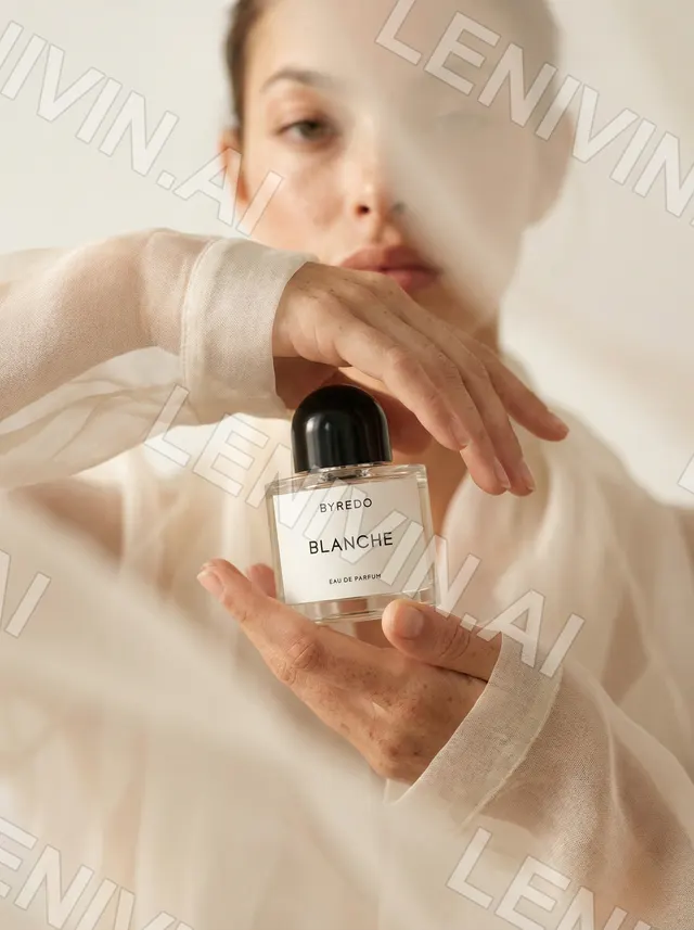 Девушка в бежевой ткани держит флакон Byredo Blanche на ладони, лицо в мягком фокусе