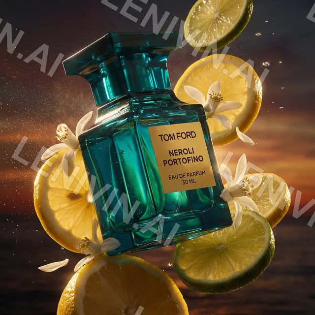 Флакон Tom Ford Neroli Portofino среди долек лимона и лайма и белых цветов, закатное небо