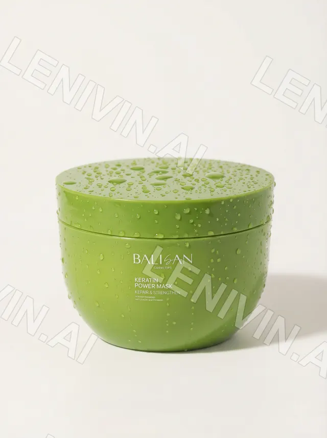 Зелёная баночка Balisan Keratin Power Mask в каплях воды на белом фоне